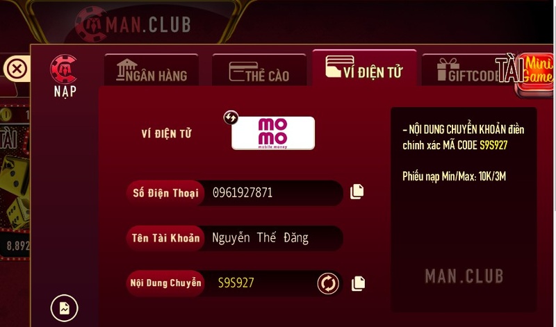 Phương thức nạp tiền Manclub qua Momo